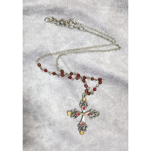 Gothic Medieval Red And Yellow Beaded Silver Tone Cross Necklace - Picture 6 of 6